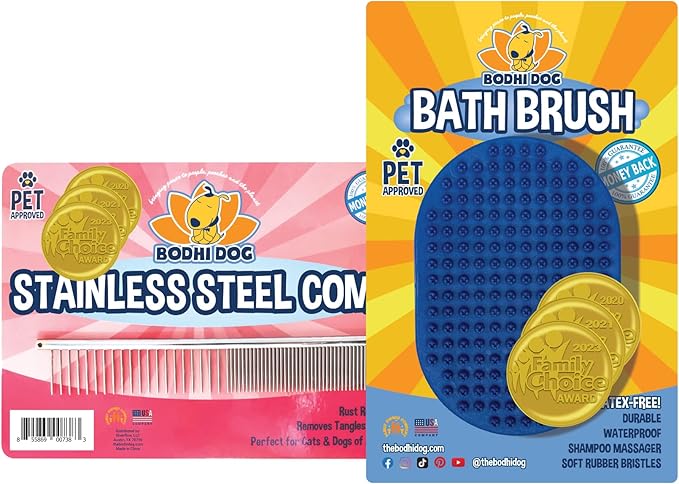 Bodhi Dog Stainless Steel Comb & Shampoo Brush - Bath & Shower Supplies for Dogs & Cats - Removes Shedding, Mats & Tangles - Pet Grooming Scrubber Bundle (Blue)-PawvioPets