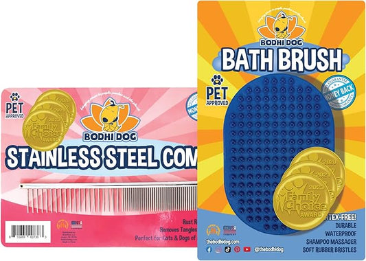 Bodhi Dog Stainless Steel Comb & Shampoo Brush - Bath & Shower Supplies for Dogs & Cats - Removes Shedding, Mats & Tangles - Pet Grooming Scrubber Bundle (Blue)-PawvioPets