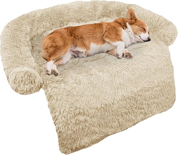 Calming Dog Bed Fluffy Plush Dog Mat for Furniture Protector with Removable Washable Cover for Large Medium Small Dogs and Cats (Medium, Beige)-PawvioPets