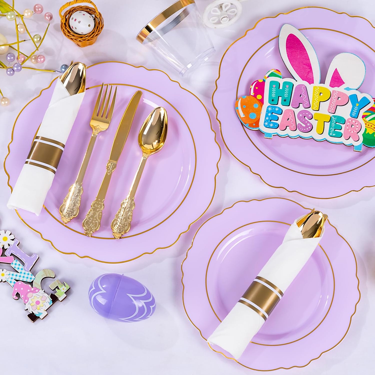 Liacere 350PCS Purple Plastic Plates - Disposable Light Purple and Gold Plates 50guest Baroque Plastic Dinnerware include 100Plates, 50Pack Pre Rolled Napkins with Silverware 50Cups for Mother's Day