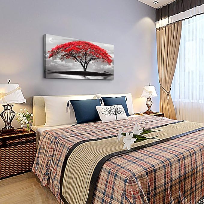 canvas wall art for living room bathroom Wall Decor Black and white landscape red tree moon scenery Hang painting Home Decorations for office bedroom kitchen Works canvas Prints pictures 24" x 48"inch-PawvioPets