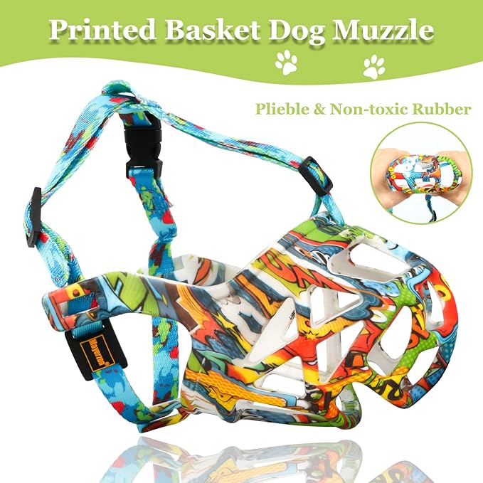 Dog Muzzle, Printed Basket Muzzle for Small Medium Large Dogs Dachshund, Beagle, German Shepherd, Breathable Pet Muzzles to Prevent Biting Chewing Scavenging, Allows Panting and Drinking-PawvioPets
