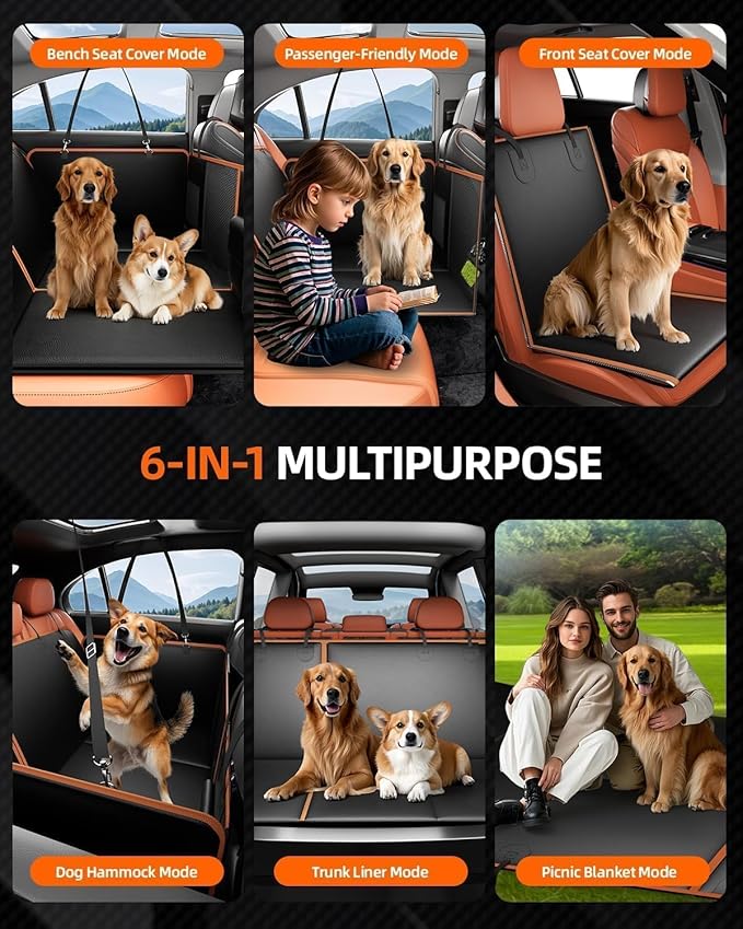 6-in-1 Leather Dog BackSeat Extender, Hard Bottom 40/60 Split Waterproof Car Back/Front Seat Cover, Rear Hammock Carseat Protector, Large Size Pet Mat for SUV/Truck/Cargo, Vehicle Bed Travel Accessory-PawvioPets