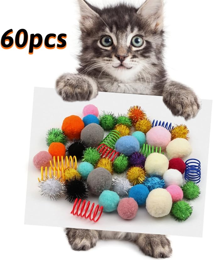 60 Pack Cat Toys - Assorted Kitten, Mouse, Crinkle & Pom Pom Balls-PawvioPets