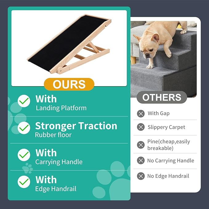 Dog Ramp, Adjustable Height Wooden Folding Pet Ramp for Bed, Couch,SUV-High Traction, Portable Paw Ramps for Small & Large Old Dogs & Cats - Furniture Quality-PawvioPets