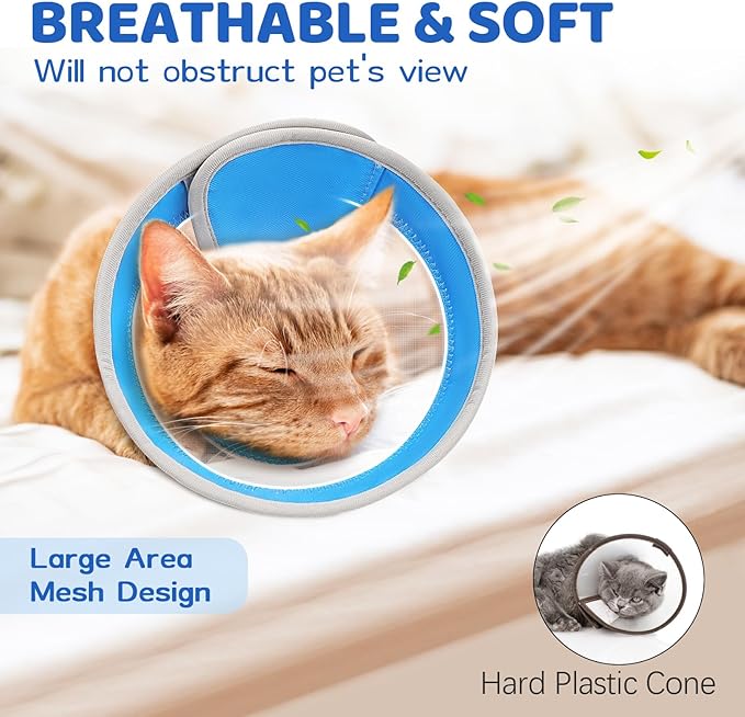 Breathable Air Mesh Cat Cone Collar Soft to Stop Licking, Adjustable, Foldable Lightweight Kitten Cones After Surgery Recovery for Cats & Kittens (Light Blue,M)-PawvioPets