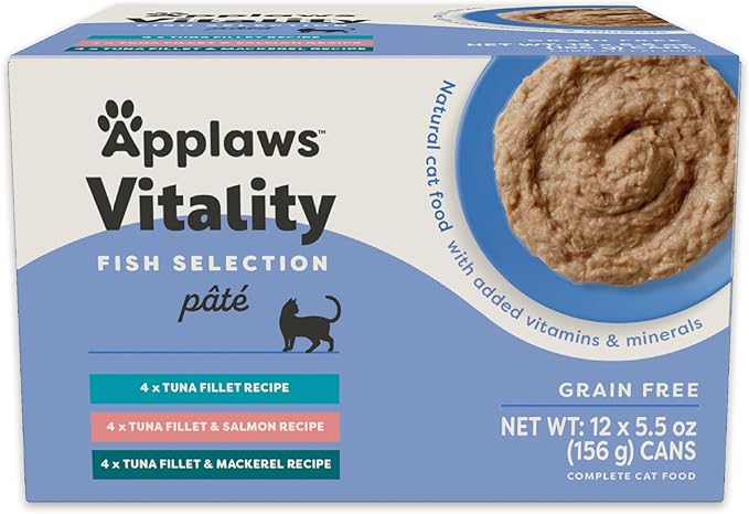 Applaws Vitality Wet Cat Food Paté, Natural Canned Cat Food, Wet Food for Cats with Added Vitamins and Minerals, Grain Free, Carrageenan Free, Fish Variety Selection Paté (12 Count, 5.5 oz Cans)-PawvioPets