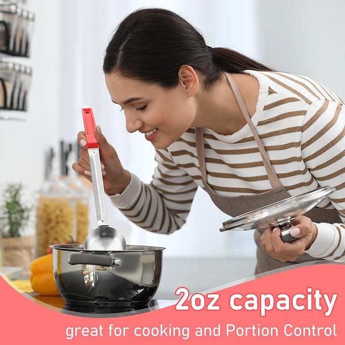 16 Pcs Portion Control Serving Spoons, Restaurant Measuring Serving Ladle Utensils, Portion Control Slotted Scoops for Weight Loss, Solid and Perforated Scoops(Red,2 oz)-PawvioPets