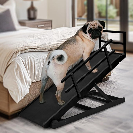 Dog Ramp for Bed, Adjustable Pet Ramps for Dog to Get on Bed, Non-Slip Rubber Surface - Folding Wooden Dog Ramp for Small/Large/Old Dogs, Adjustable up to 23.5 inch High Beds, Safety Railings-PawvioPets