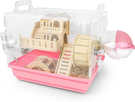 Cycodo 8 in 1 Acrylic Hamster Cage,2-Tier Dwarf Hamster Cage with Wooden Wheel & Hideout,Small Hamster Habitat with Accessories,Clear Pet Mice House(Pink,14" L*10" W*11" H)-PawvioPets