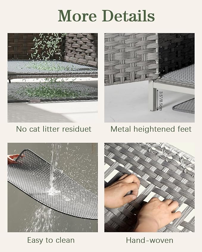 Cat Litter Box Enclosure Hidden Litter Box Furniture with Metal Heightened Feet, Rattan Handwoven Cat House with Litter Mat, Hidden Litter Box Furniture for Bedroom Living Room Gray-PawvioPets