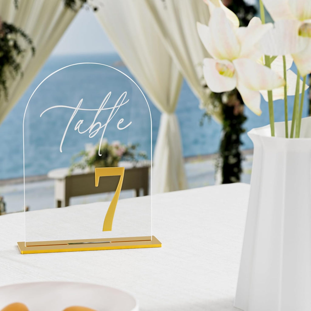 Arch Wedding Table Numbers 1-10 w/Stand, Gold 3D Table Numbers for Reception - 5.5" X 7" Elegant Acrylic Arch Sign with Holder, Perfect for Wedding, Anniversary, Banquet, and Event Decor