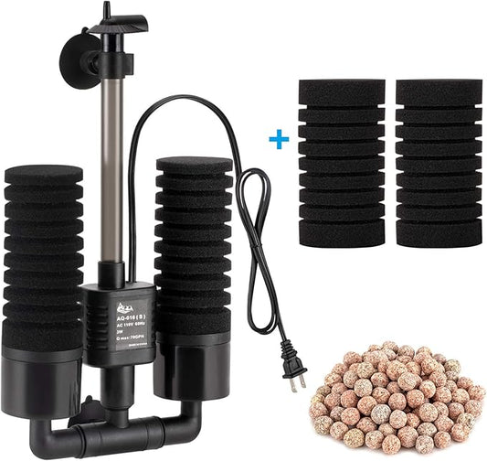 AQQA Aquarium Sponge Filter, Power Driven Double Biochemical Water Filter, Quiet Submersible Foam Filter with 2 Extra Sponges, 1 Bag of Filtered Ceramic Balls for Fresh and Salt Water Fish Tank (S)-PawvioPets