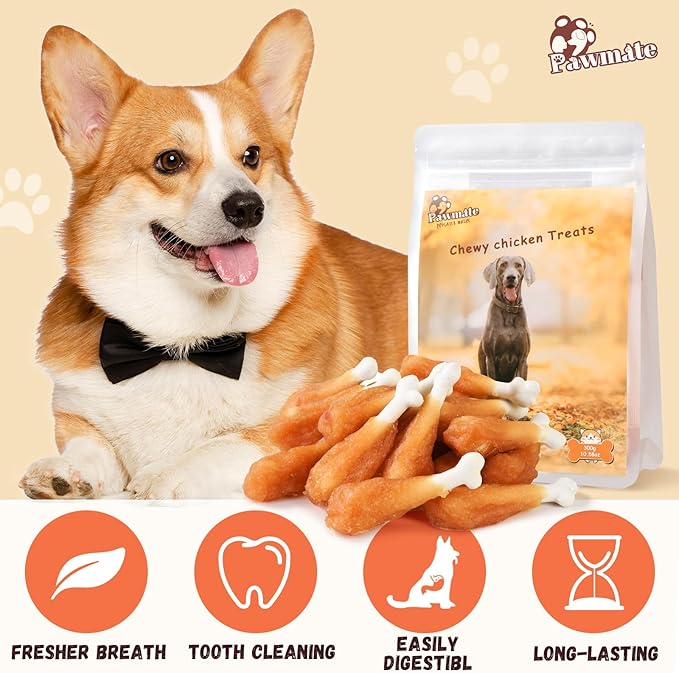 Dog Treats, Chicken Wrapped Calcium Bone Rawhide-Free Grain-Free Training Treats for Dogs Teeth Cleanning Breath Fresh Dog Chewy Snacks for Medium Large Dogs 10.6oz or 18-19 pcs-PawvioPets