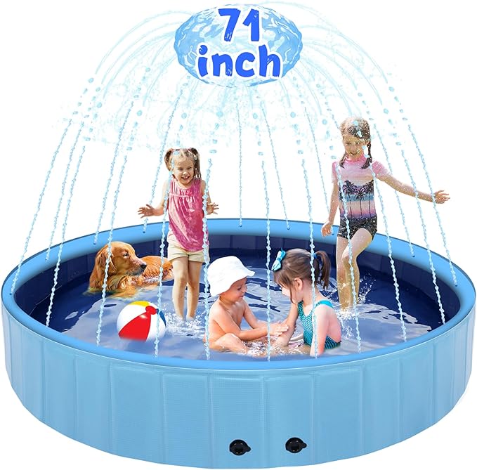 71" Large Dog Pool with Sprinkler, 2-in-1 Foldable Swimming Pool Non-Slip Hard Plastic Splash Sprinkler Kiddie Pool for Outdoor Backyard Kids Dogs Ducks and Pet Baths-PawvioPets