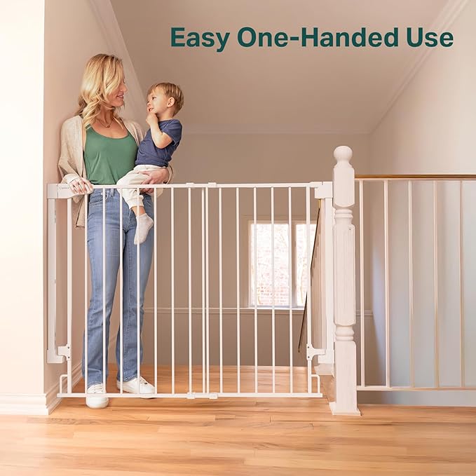 Cumbor 34" Extra Tall No Bottom Bar Baby Gate for Stairs, Auto Close Dog Gate Indoor for Larger Pets, 29.2-43" Hardware Mounted Safety Gate for Doorways, Wide Walk Thru Door for Easy Access (White)-PawvioPets