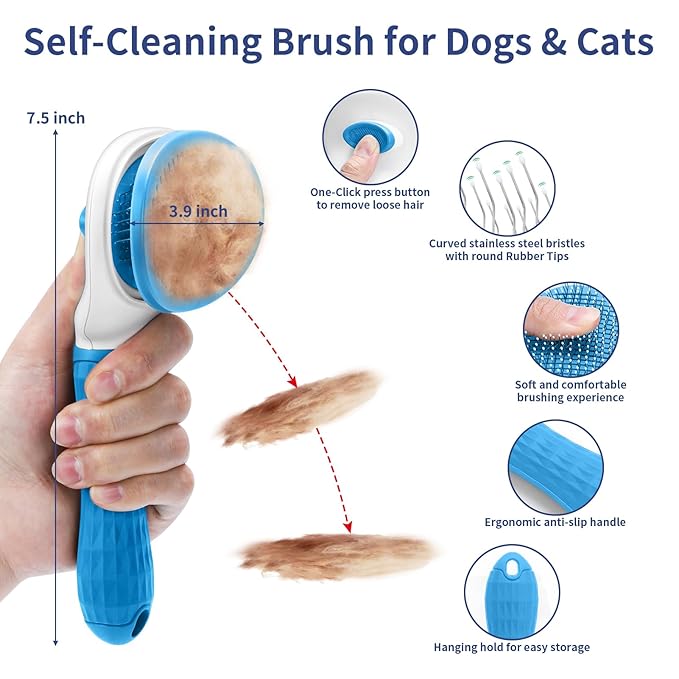5 in 1 Dog Grooming Kit - Self-Cleaning Slicker Brush for Shedding Short Long Haired Dogs & Cats, Includes Pet Comb, Flea Comb, Bath Brush, Undercoat Rake - Complete Fur Care Set - Blue-PawvioPets