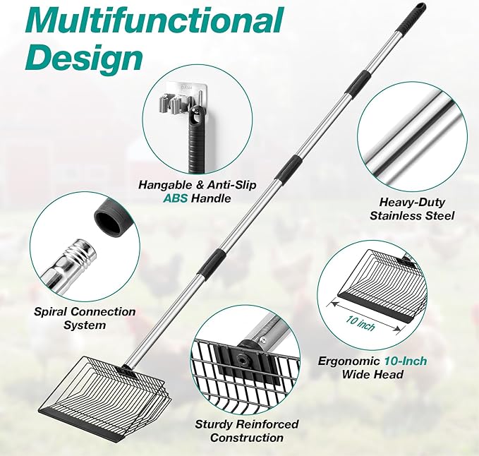 Adjustable Chicken Poop Scooper, Heavy Duty Stainless Steel Chicken Rake with 3-Slot Pole, Multi-Use Pet Waste Shovel & Hay Scooper - 36"/50"/64" Length-PawvioPets
