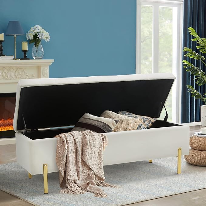 45.6 Inch Velvet Storage Bench Upholstered Tufted Settee Ottoman Bench with Storage, Bed End Bench with Soft Close Lid, for Bedroom, Living Room, Entryway, Rectangular Accent Bench, Beige-PawvioPets