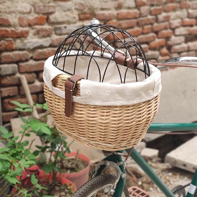 Bike Pet Basket, Wicker Bike Basket for Small Dogs Cats Pet Carrier Front Basket with Wire Mesh Cover and Lid, Wicker Basket for Dogs and Cats, Rattan Storage Basket, 11.81 * 9.84 inch (B)-PawvioPets