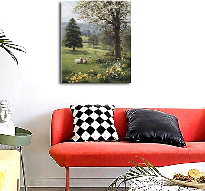 Country Sheep Canvas Wall Decor Farmhouse Rustic Lamb Wildflower Wall Art Nature Countryside Landscape Pictures Painting Print Framed Artwork Decorations for Bathroom Living Room Bedroom 24"x20"-PawvioPets