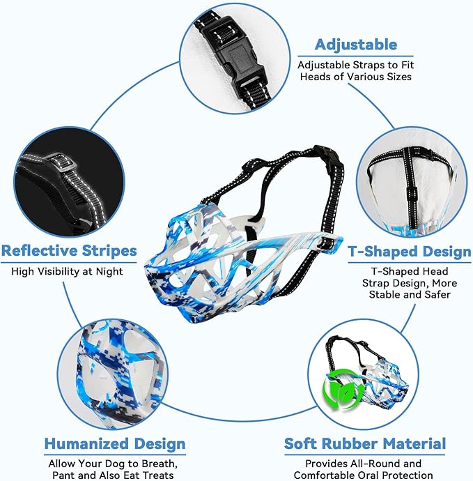 Dog Muzzle for Large Dogs, Breathable Basket Muzzles for Small, Medium and X-Large Aggressive Dog, Allows Panting Drinking, Suitable for Grooming Trimming Training (Camouflage Blue, M)-PawvioPets