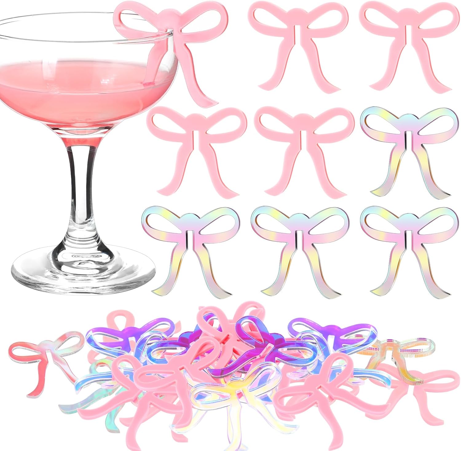 36 Pcs Bow Drink Markers Acrylic Drink Tags Bowknot Wine Glass Charms for Bachelorette Coquette Birthday Cocktail Wedding Decoration Bridal Shower Party Favors