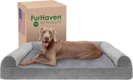 Furhaven Cooling Gel Dog Bed for Large Dogs w/ Removable Bolsters & Washable Cover, For Dogs Up to 125 lbs - Faux Fur & Velvet Sofa - Smoke Gray, Jumbo Plus/XXL-PawvioPets