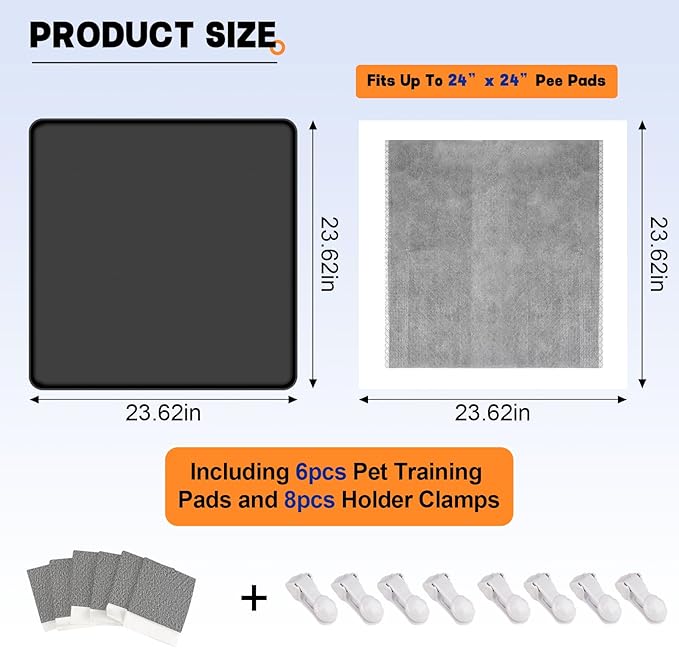 Dog Pee Pad Holder, Puppy Pad Holder Tray for 24'' x 24'' Training Pads, 15pcs Dog Potty Tray Set Include High Edge Silicone Mat & 6 Activated Charcoal Disposable Puppy Pads & 8 Holder Clamps-PawvioPets