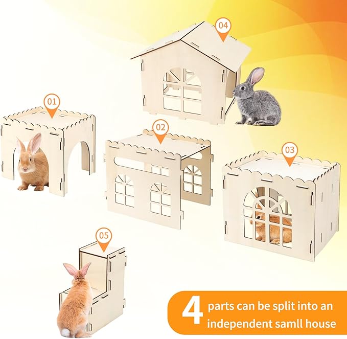 Extra Large Bunny Castle Hideout, Wooden Bunny House and Hideouts Detachable Rabbits Hideaway, Indoor Rabbit Castles Sturdy Small Animal Play Hideaway Hut for Rabbits, Guinea Pigs, Chinchillas-PawvioPets