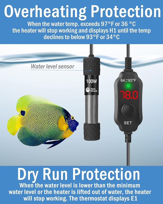 AquaMiracle Adjustable 100W Aquarium Heater Submersible Fish Tank Heater Super Short Aquarium Heater with LED Digital Display Thermostat, for Tanks 10-20 Gallons-PawvioPets