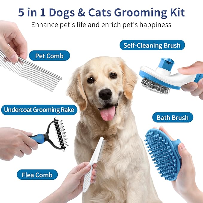 5 in 1 Dog Grooming Kit - Self-Cleaning Slicker Brush for Shedding Short Long Haired Dogs & Cats, Includes Pet Comb, Flea Comb, Bath Brush, Undercoat Rake - Complete Fur Care Set - Blue-PawvioPets