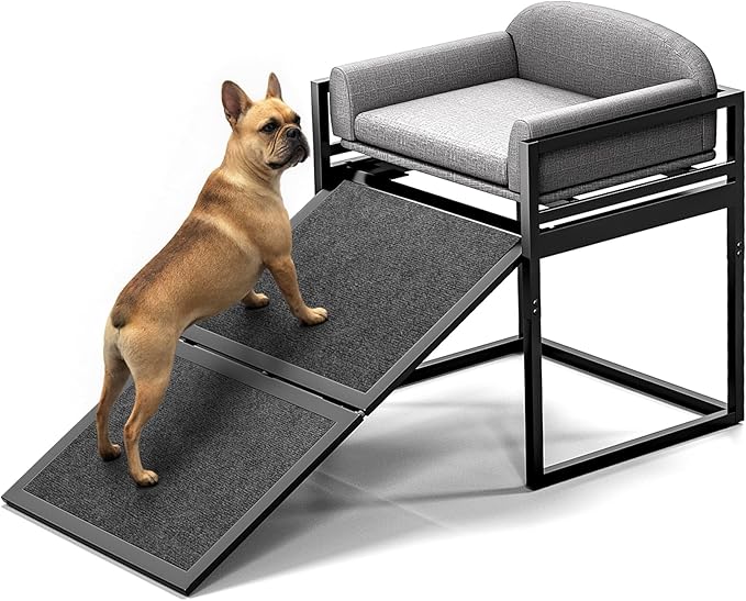 Dog Ramp Doggie Stairs with Seat Mate,Puppy Chair Get on High Bed Couch Office Window Perch,Non Slip Dachshunds Foldable Ladder,Pet Doggy Step for Small Old Dogs,Chihuahua Cat Platform Grey-PawvioPets