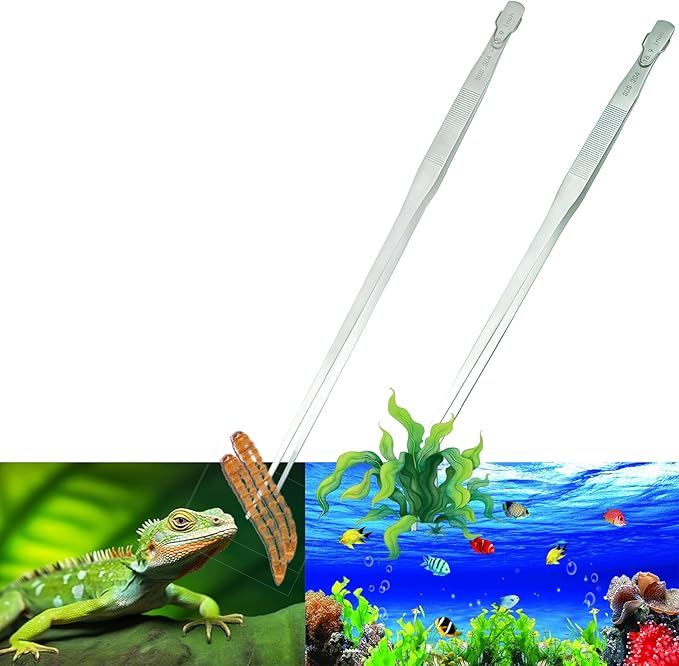 2pcs 18.9 inch Aquarium Tweezers with Hanger, 2025 New Extra Long Feeding Tongs, Stainless Steel Large Aquascape Tools for Fish Tank, Terrarium，Aquascaping, Reptile Snake (Curved & Straight)-PawvioPets
