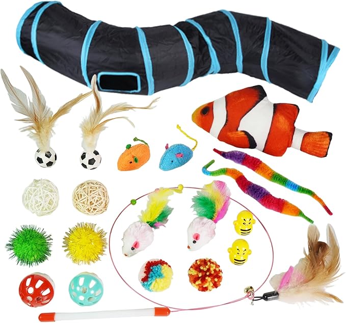 21-Piece Cat Toys Set, Interactive Tunnel, Balls, Mice, Feather Wands, Catnip Toys(Black Tunnel)-PawvioPets