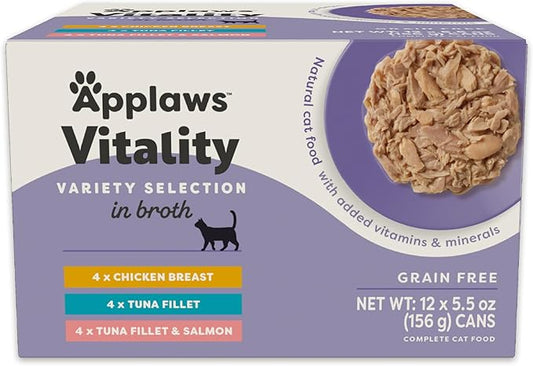 Applaws Vitality Wet Cat Food in Broth, Natural Canned Cat Food, Wet Food for Cats with Added Vitamins and Minerals, Grain Free, Carrageenan Free, Variety Selection in Broth (12 Count, 5.5 oz Cans)-PawvioPets
