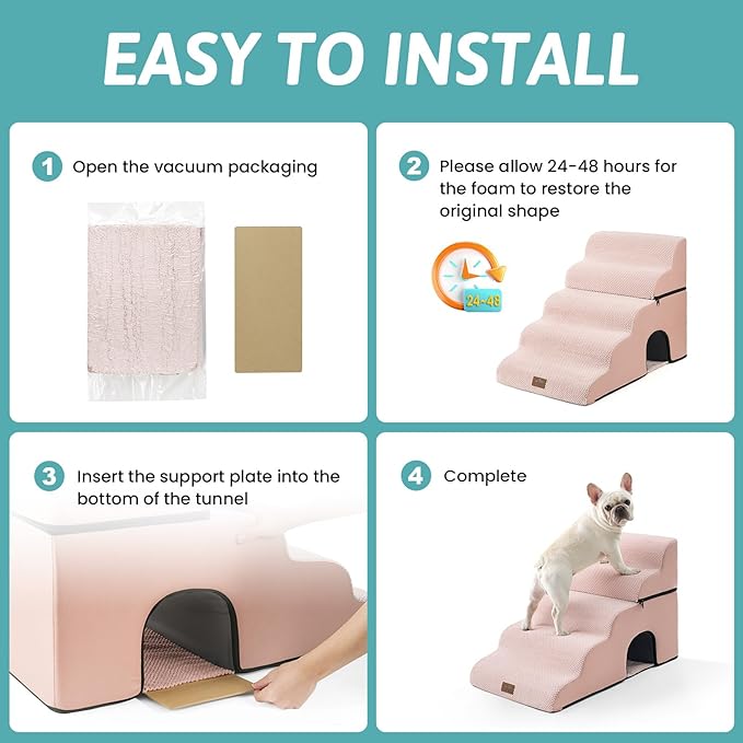 Extra Wide Dog Stairs with Tunnel, Detachable Large Pet Step for Small Medium Dog, Puppy or Cat, Ramp for High Bed, Couch, Sofa or Car, Stable, 19.7x33x22.4 inch, 5 Step, Pink-PawvioPets