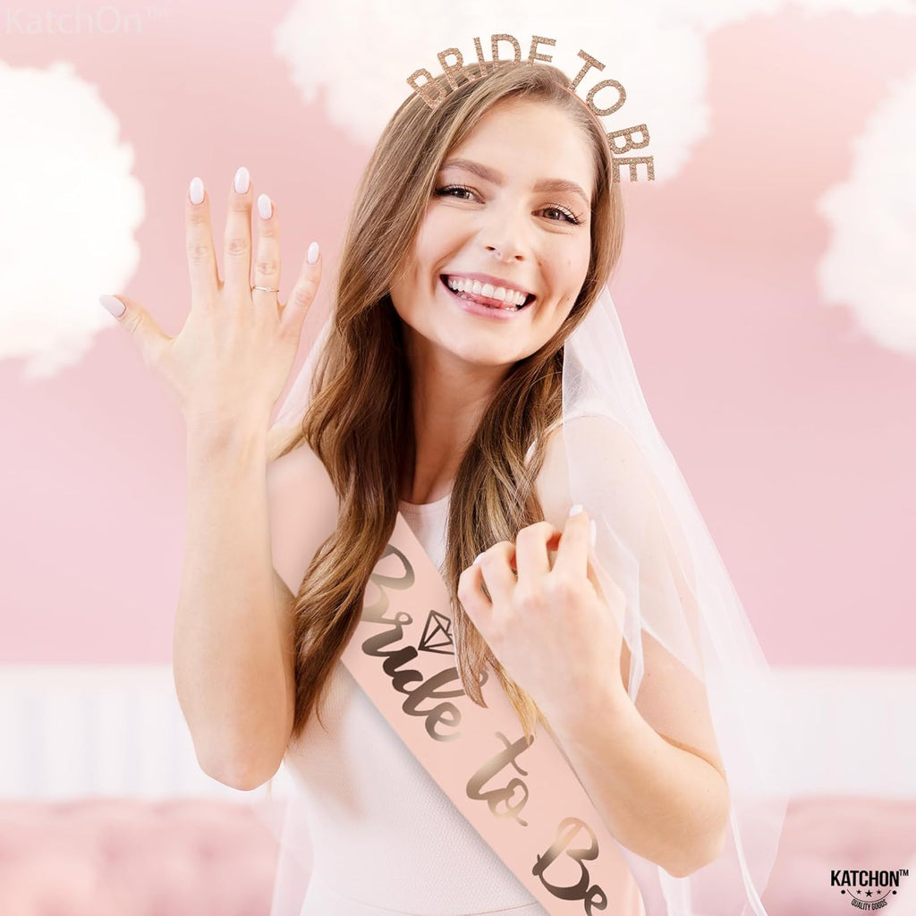 KatchOn, Rose Gold Bride to be Sash and Headband - Pack of 2 | Bride Sash and Tiara for Bachelorette Party Decorations | bride To Be sash and Crown | Bridal Shower Decorations