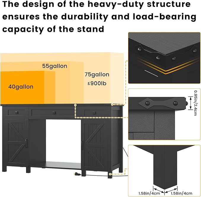 55-75 Gallon Aquarium Stand With Charging Station, Farmhouse Fish Tank Stand, Reptile Tank Stand Terrarium Stand with Drawer and Cabinet Storage, Sturdy Heavy Duty 53.5"×19.7" Tabletop - Black-PawvioPets