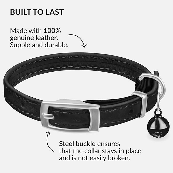 CollarDirect Leather Cat Collar with Bell - Kitten Small and Big Cat Collar for Boy Cats, Girl Cats with Safety Elastic Strap (Neck Fit 6"-7", Black)-PawvioPets
