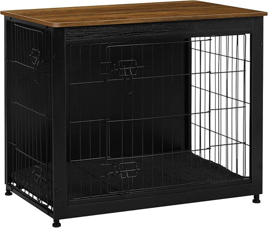 DWANTON Dog Crate Furniture with Cushion, Wooden Kennel Table with Double Doors, Indoor Dog House, Medium Size, 32.5" L, Black+Warm Brown-PawvioPets