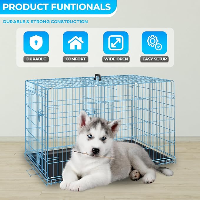 FDW Dog Crate for Medium Dogs 30 Inch Folding Metal WirePet Cage Double Door W/Divider Panel Indoor Outdoor Kennel Leak-Proof Plastic Tray,Blue-PawvioPets