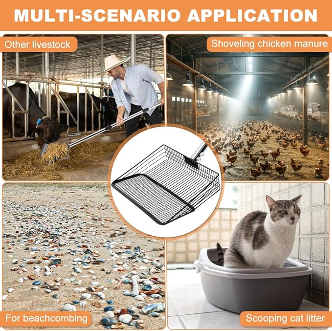 10inch Chicken Poop Scooper, Chicken Coop Scoop for Poop, 4 Sections Extended with 22 to 77inch Stainless Steel Adjustable Handle, Litter Scooper Sifting Shovel-PawvioPets