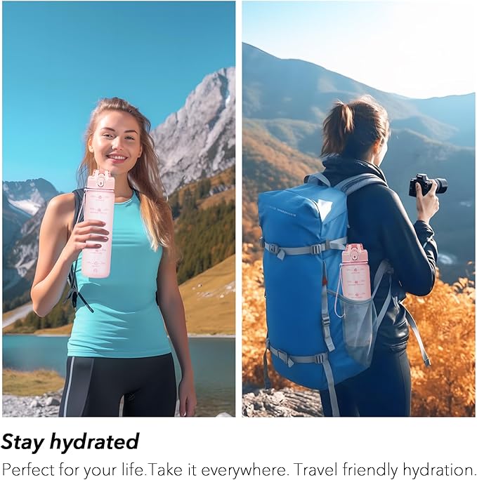 32oz Motivational Water Bottles with Time Marker & Fruit Strainer, Transparent Gradient Color Water Bottle with Times to Drink, Leakproof & BPA Free, Reusable Bottle with Strap (No Straw)-PawvioPets