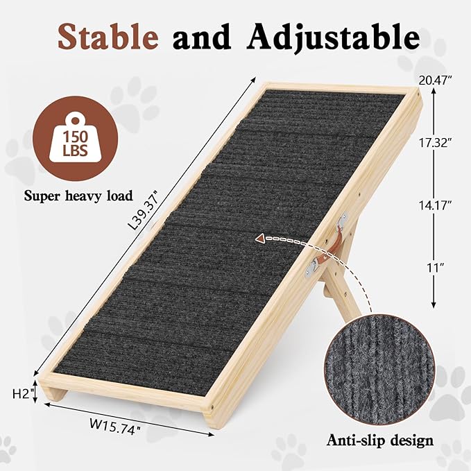 Dog Ramp for Couch, Wooden Pet Ramps 39.37" Long Adjustable 11"-20.47" Folding Puppy Ramps with High Traction Mat, Dog Stairs for Small & Medium Older Dogs & Cats, up to 150lbs-PawvioPets