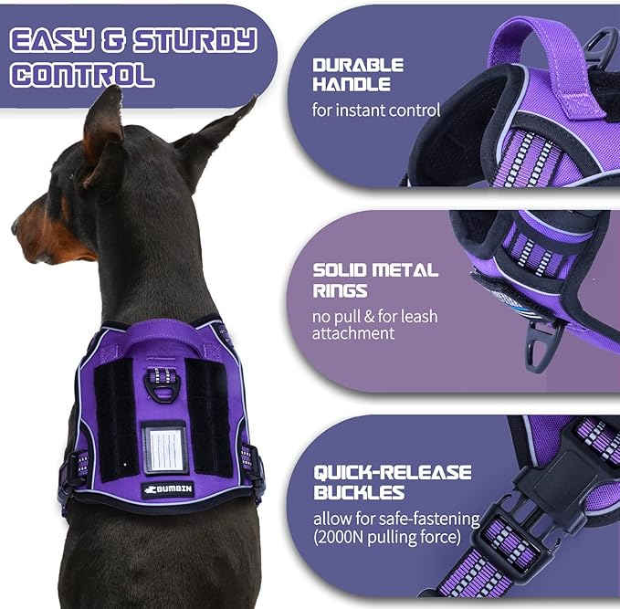 BUMBIN Tactical Dog Harness for Small Dogs No Pull, Famous TIK Tok No Pull Puppy Harness, Fit Smart Reflective Pet Walking Harness for Training, Adjustable Dog Vest Harness with Handle Purple S-PawvioPets