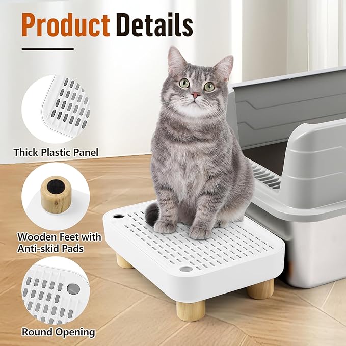 Cat Litter Box Step Ramp, Cat Litter Catcher Mat with Wooden Feet, Filter Function, Cat Pedal Stool for Self-Cleaning Cat Litter Box, Ideal for Kitten & Elderly Cats (White)-PawvioPets