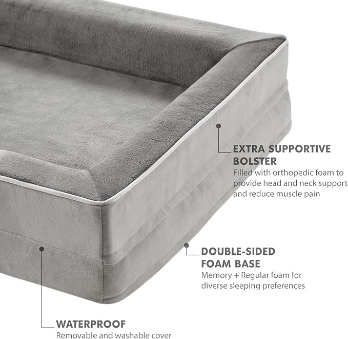 Friends Forever Orthopedic Dog Bed for Extra Large Dogs, Waterproof Memory Foam Dog Sofa Bed XL with Removable Washable Cover, Ally Grey, 42x32x7-PawvioPets