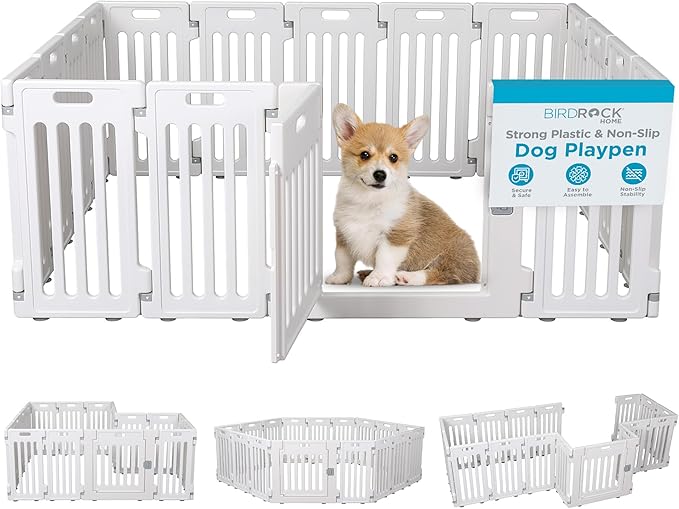 BIRDROCK HOME Dog Playpen w/Door, 16 Panel, 25.6in H | Strong Plastic, Non-Slip Puppy Playpen, Secure Pet Gate | Indoor Outdoor Fence | Configurable Panels | Medium to Large Pets - White-PawvioPets