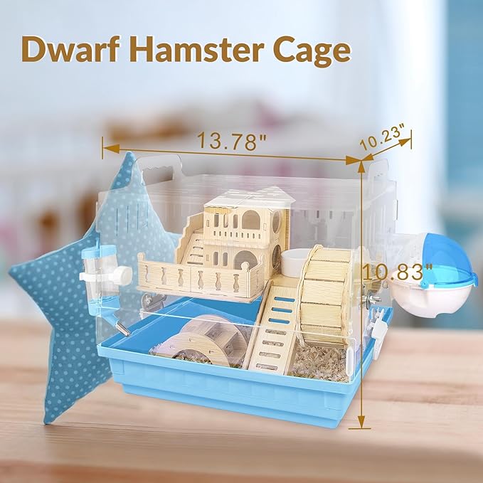 Cycodo 8 in 1 Acrylic Hamster Cage,2-Tier Dwarf Hamster Cage with Wooden Wheel & Hideout,Small Hamster Habitat with Accessories,Clear Pet Mice House(Blue,14" L*10" W*11" H)-PawvioPets